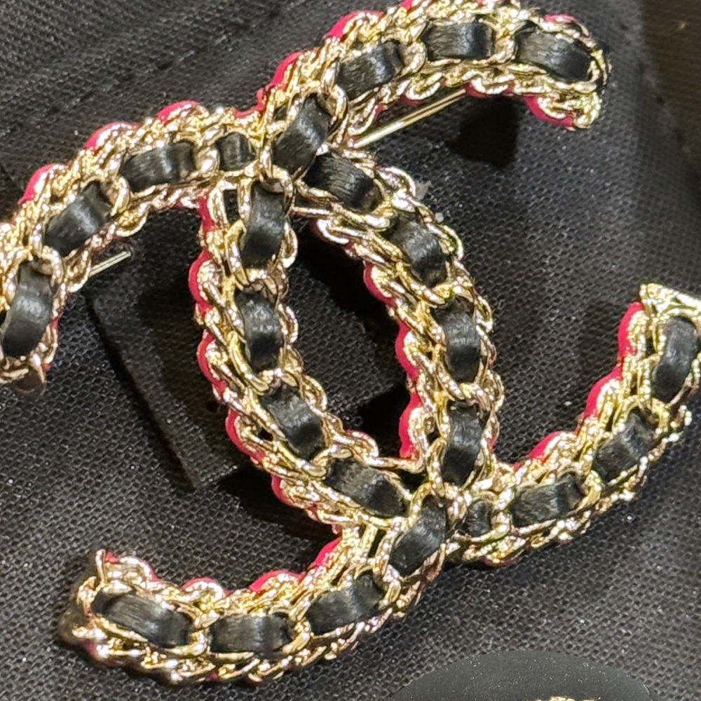 Chanel Brooch Pink Enamel Black Leather